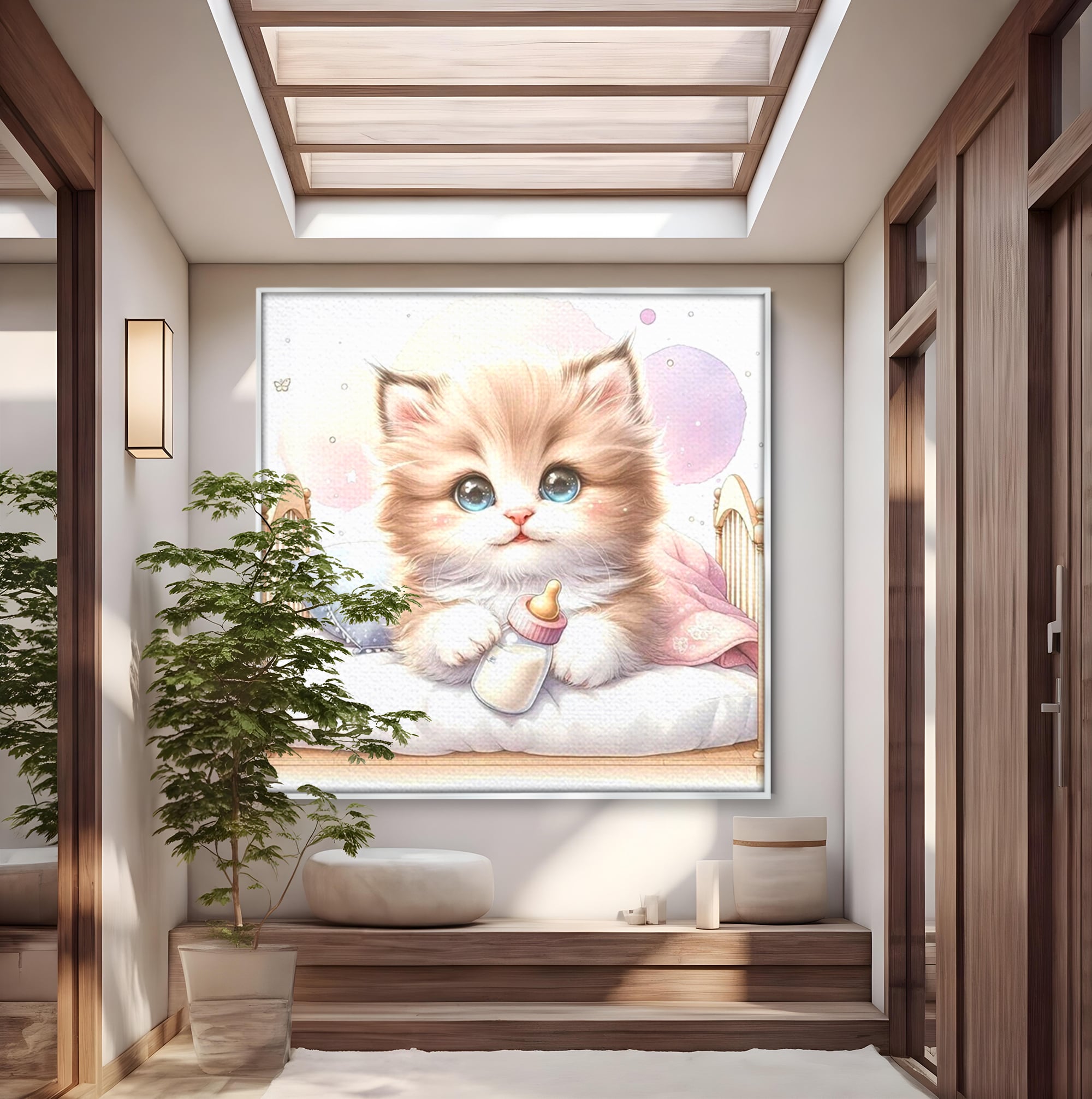 Tablou canvas cu ilustratie cu pisicuta pufoasa in patut, in rama de aluminiu argintiu